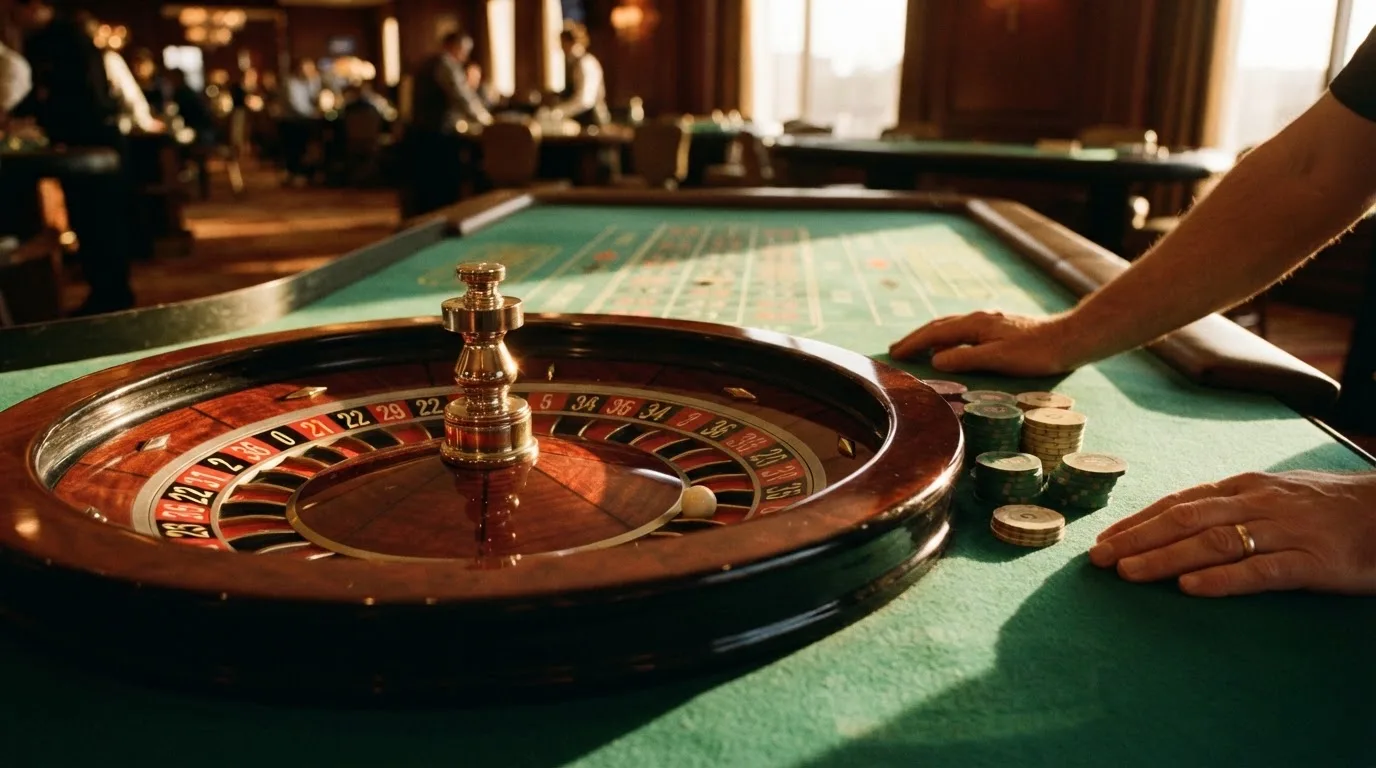 Roda de roleta e fichas sobre feltro verde, sob uma luz quente de fim de tarde — casino slots portugues