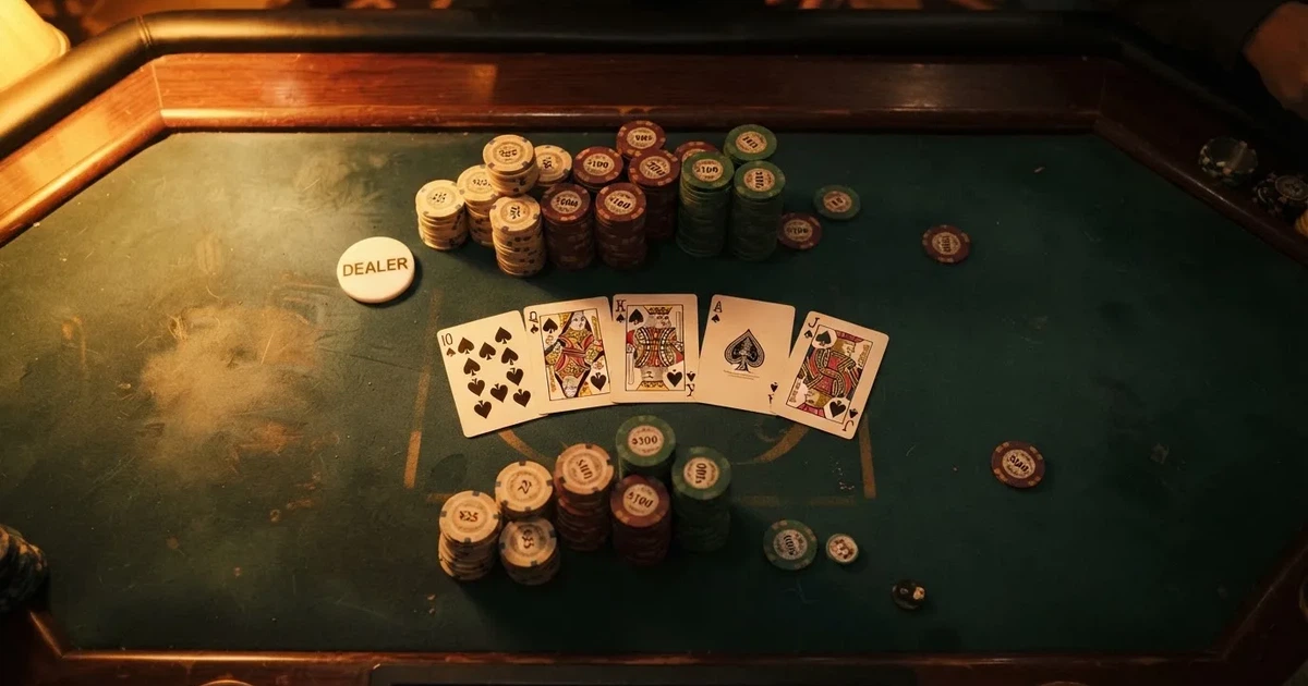 Mesa de jogo iluminada com cartas, vista de cima — casino slots portugues