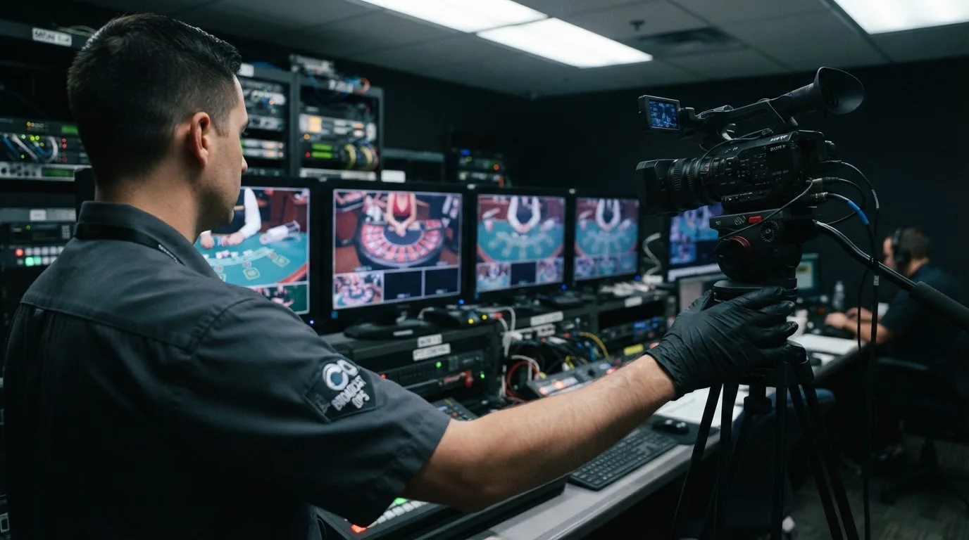 Técnico de uniforme escuro a verificar câmaras e equipamento numa sala de controlo de um estúdio de televisão, com vários monitores desfocados.