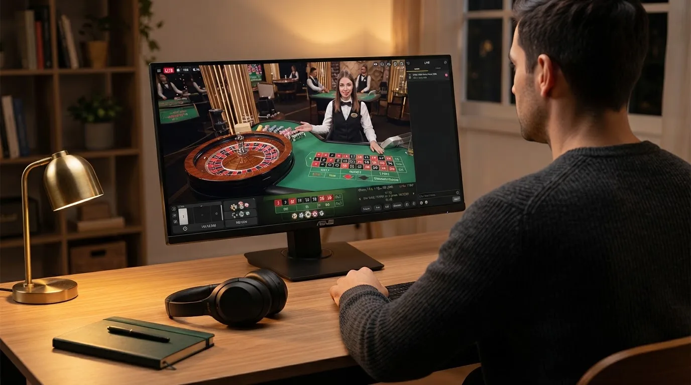 Pessoa sentada à secretária a ver um estúdio de casino em direto num monitor largo, com auscultadores e um caderno fechado ao lado.