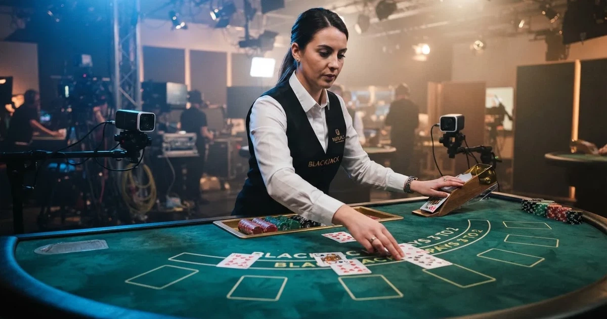 Croupier de colete a distribuir cartas numa mesa de blackjack de estúdio, com iluminação azulada e câmara de transmissão ao fundo.