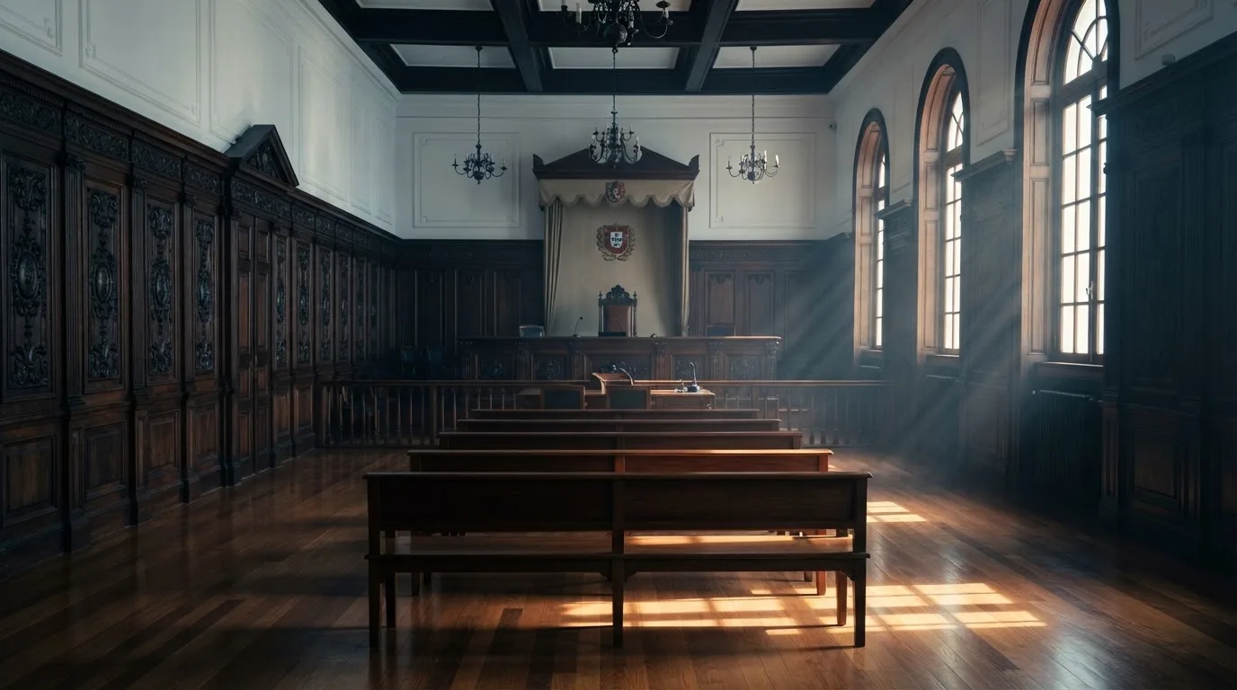 Sala de tribunal vazia com painéis de madeira, à luz da manhã — casinos com apple pay em portugal