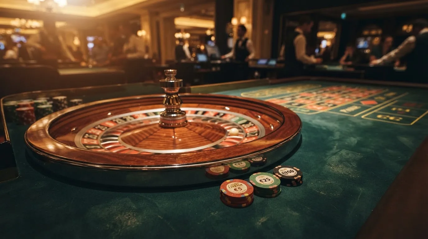 Roda de roleta e fichas sobre feltro verde, sob uma luz quente de fim de tarde — casinos com apple pay em portugal