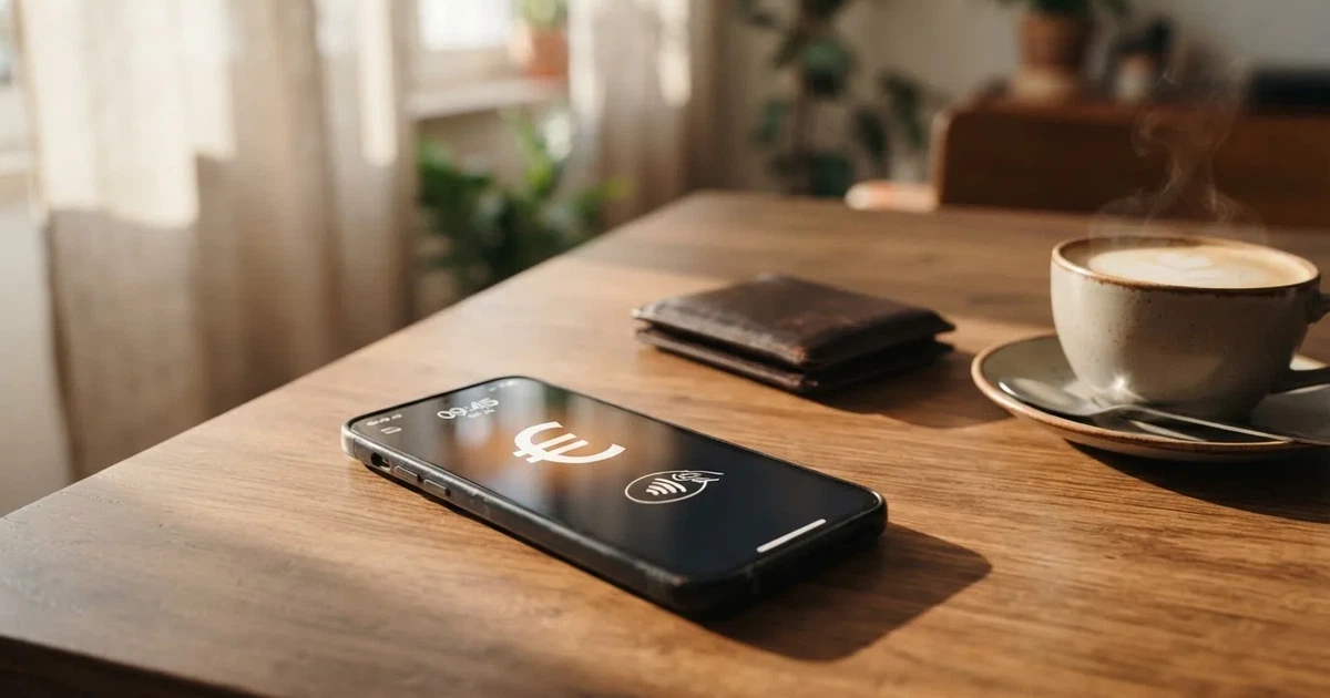 Telemóvel numa mesa de madeira ao lado de uma carteira e de uma chávena de café — casinos com apple pay em portugal