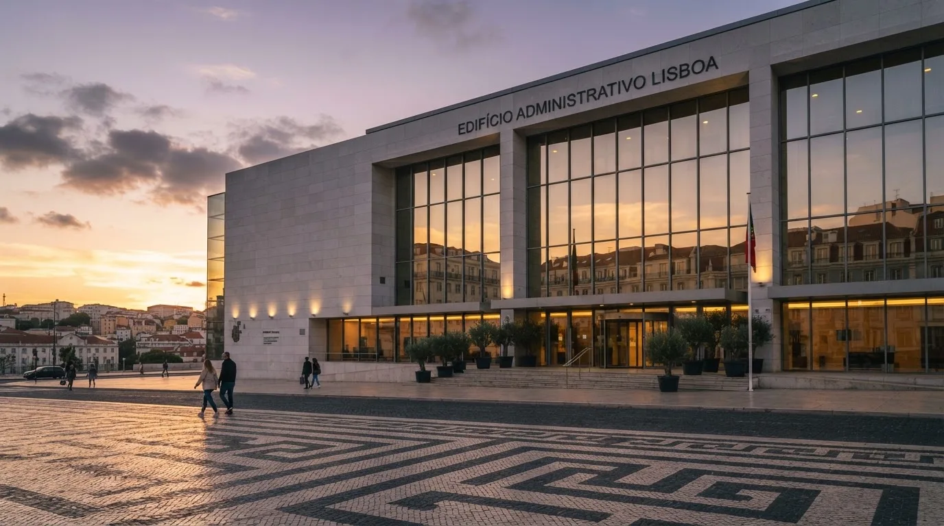 Fachada de um edifício administrativo moderno em Lisboa ao entardecer, com janelas amplas, calçada portuguesa e algumas pessoas a passar.