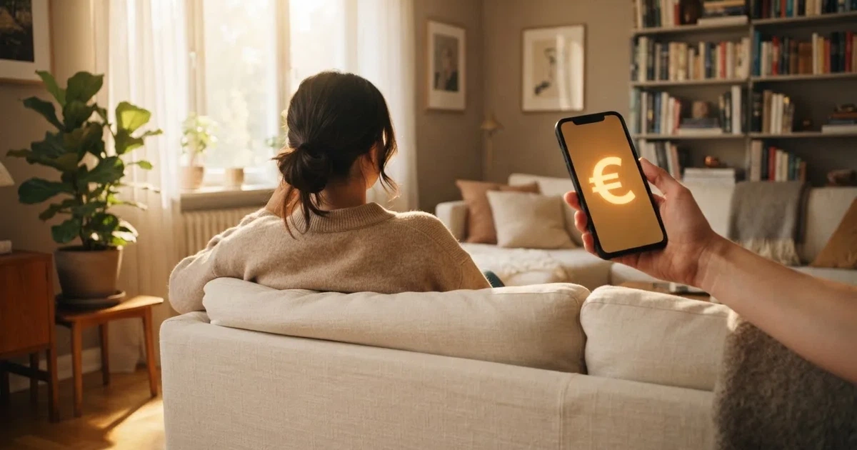 Mão de uma mulher a segurar um telemóvel numa sala de estar iluminada, com um sorriso discreto, numa fotografia realista de luz natural.