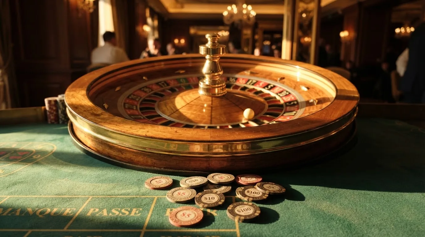 Roda de roleta e fichas sobre feltro verde, sob uma luz quente de fim de tarde — casinos com bônus em portugal