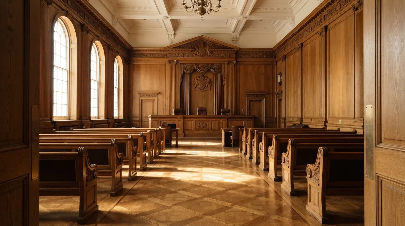 Sala de tribunal vazia com painéis de madeira, à luz da manhã — casinos com depósito mínimo pt