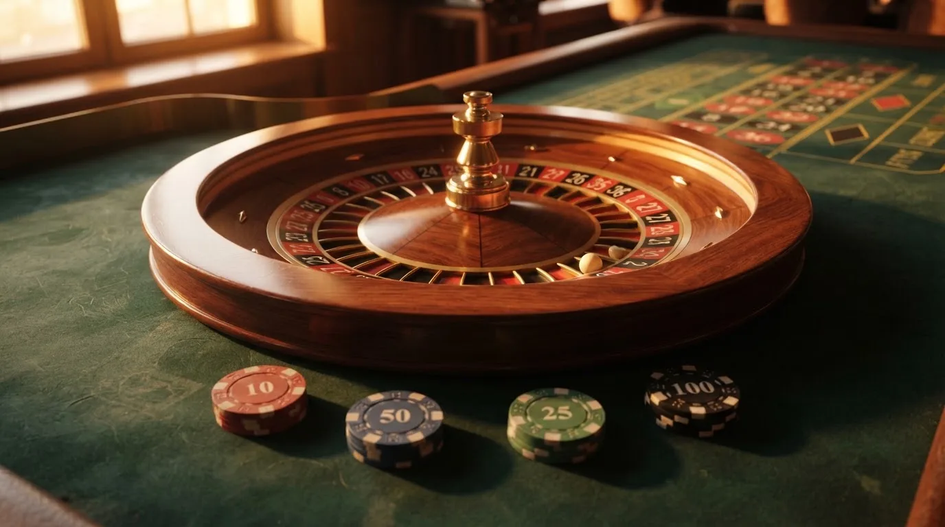 Roda de roleta e fichas sobre feltro verde, sob uma luz quente de fim de tarde — casinos com depósito mínimo pt