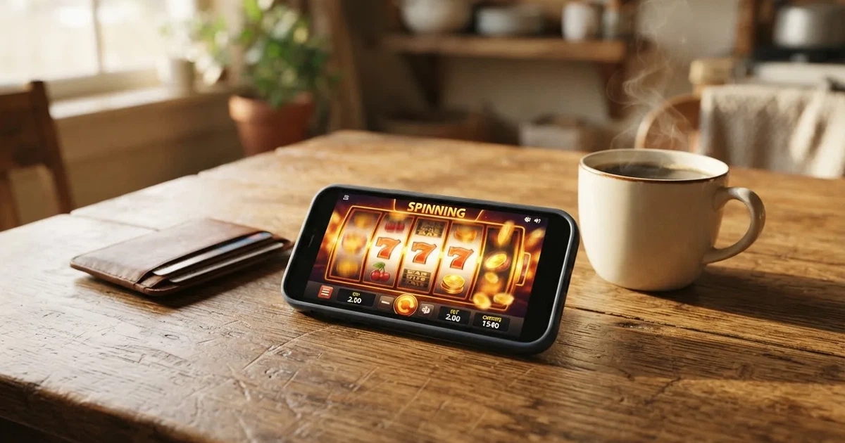 Telemóvel numa mesa de madeira ao lado de uma carteira e de uma chávena de café — casinos com depósito mínimo pt