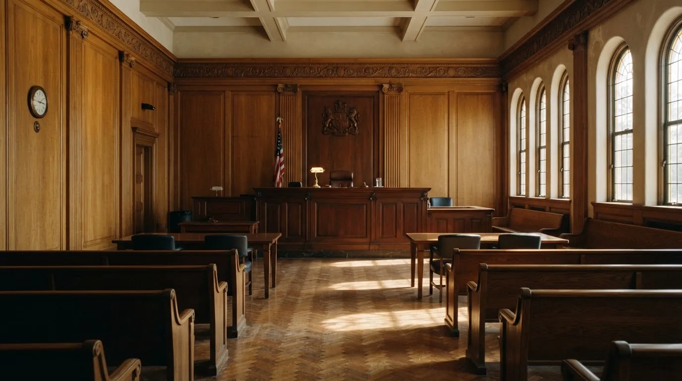 Sala de tribunal vazia com painéis de madeira, à luz da manhã — casinos com dinheiro em portugal
