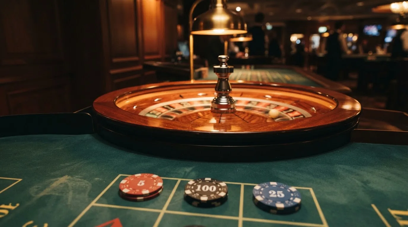 Roda de roleta e fichas sobre feltro verde, sob uma luz quente de fim de tarde — casinos com google pay em portugal