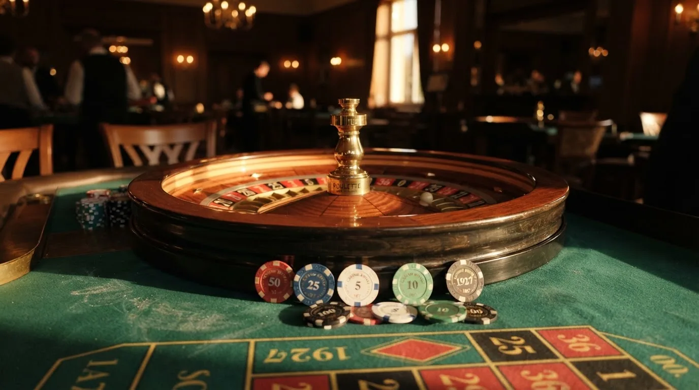 Roda de roleta e fichas sobre feltro verde, sob uma luz quente de fim de tarde — casinos com maestro em portugal