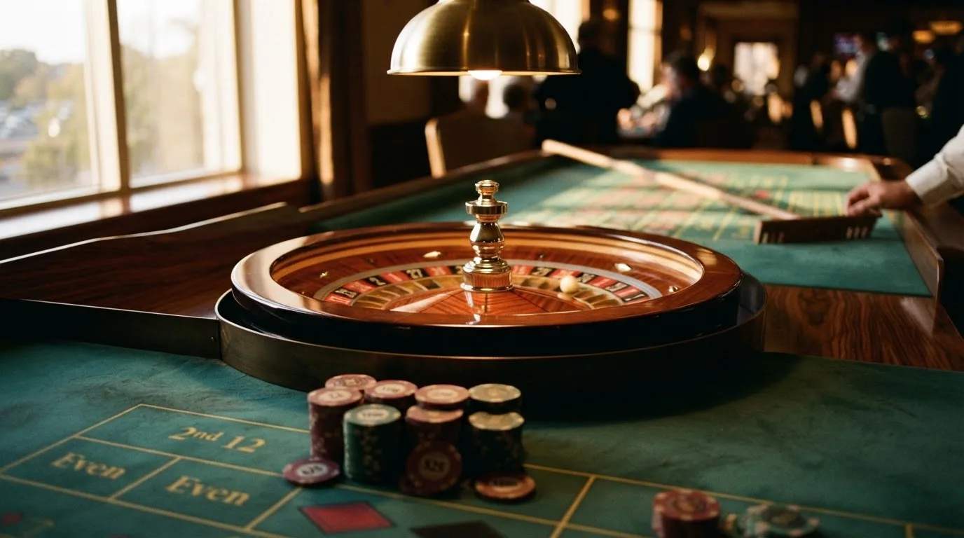 Roda de roleta e fichas sobre feltro verde, sob uma luz quente de fim de tarde — casinos com mastercard em portugal