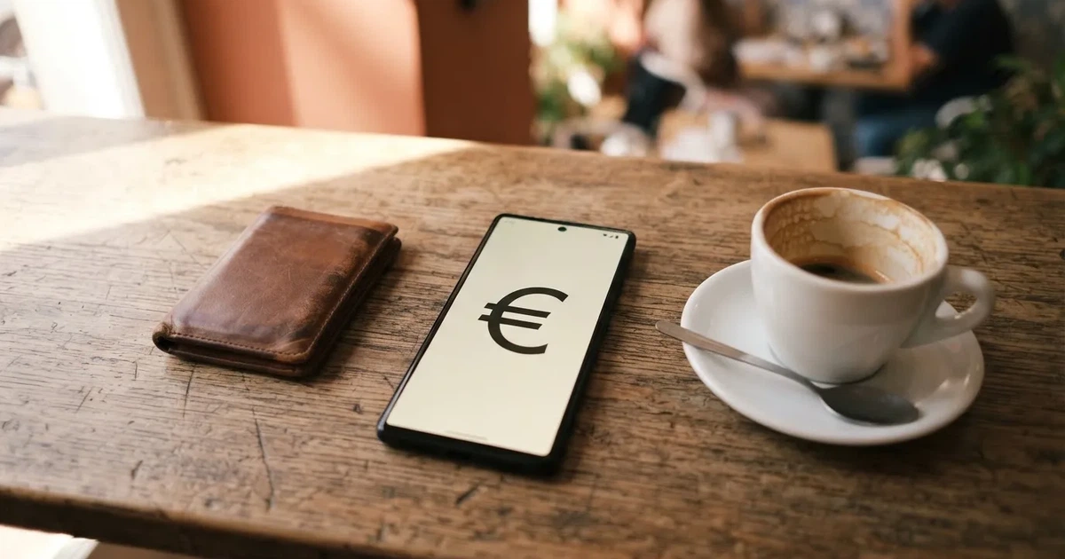 Telemóvel numa mesa de madeira ao lado de uma carteira e de uma chávena de café — casinos com mastercard em portugal