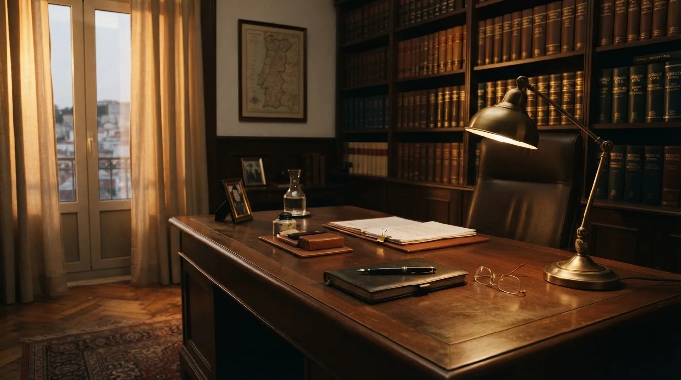 Escritório de advocacia com secretária de madeira, candeeiro de leitura e estantes de livros, sem pessoas, luz tranquila de fim de tarde.