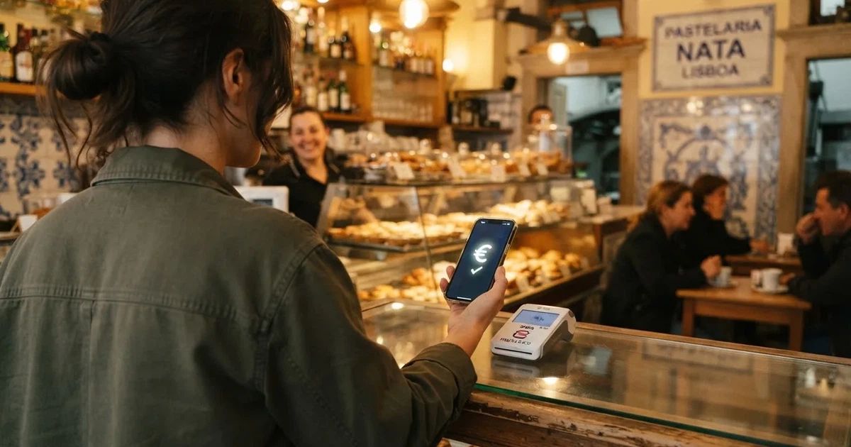 Cliente numa pastelaria portuguesa a pagar com o telemóvel num terminal discreto, balcão de vidro com pastéis desfocados ao fundo.