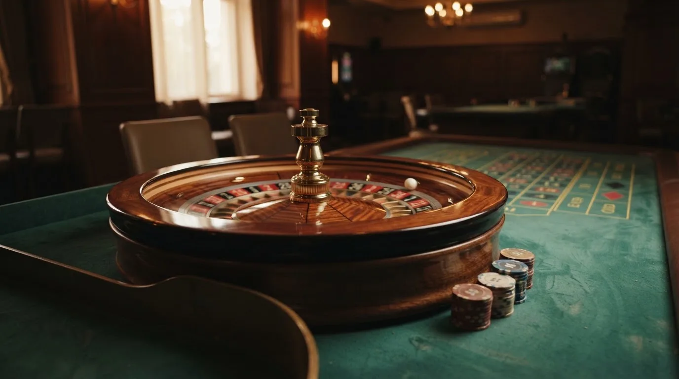 Roda de roleta e fichas sobre feltro verde, sob uma luz quente de fim de tarde — casinos com mifinity em portugal