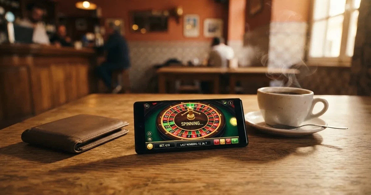 Telemóvel numa mesa de madeira ao lado de uma carteira e de uma chávena de café — casinos com mifinity em portugal