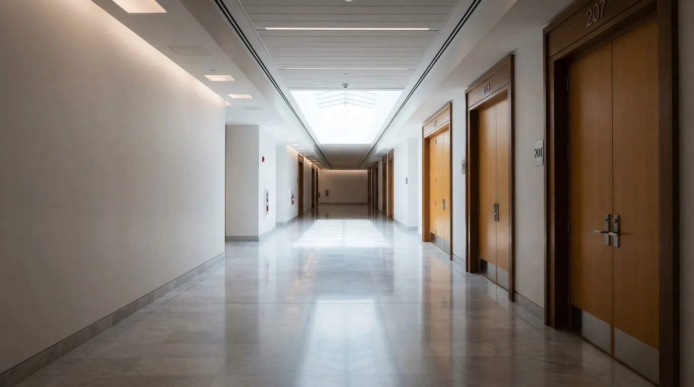 Corredor de um tribunal moderno com portas de madeira e pavimento polido, sem pessoas, luz natural vinda de uma claraboia.