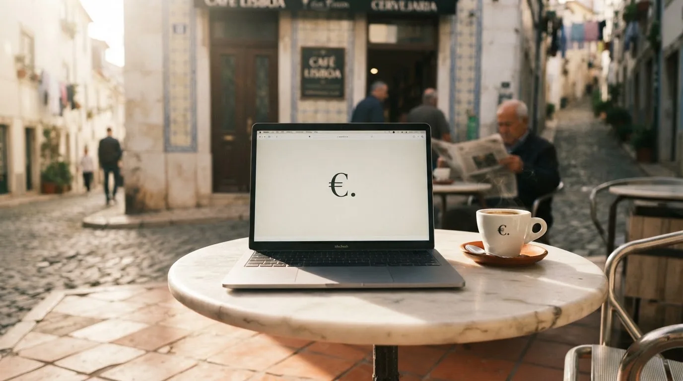 Portátil sobre a mesa de um café com esplanada, chávena de bica ao lado, pessoa a escrever e luz do início da tarde.
