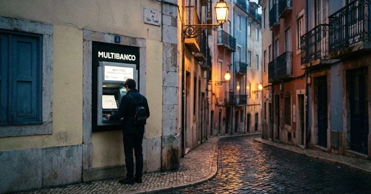 Pessoa de costas a usar um terminal bancário de rua ao anoitecer, com reflexos de candeeiros na calçada molhada.
