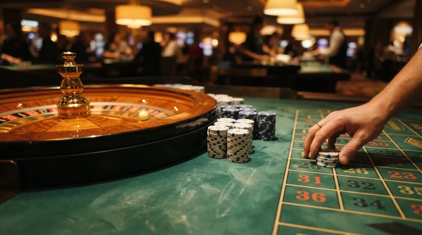 Roda de roleta e fichas sobre feltro verde, sob uma luz quente de fim de tarde — casinos com neteller em portugal