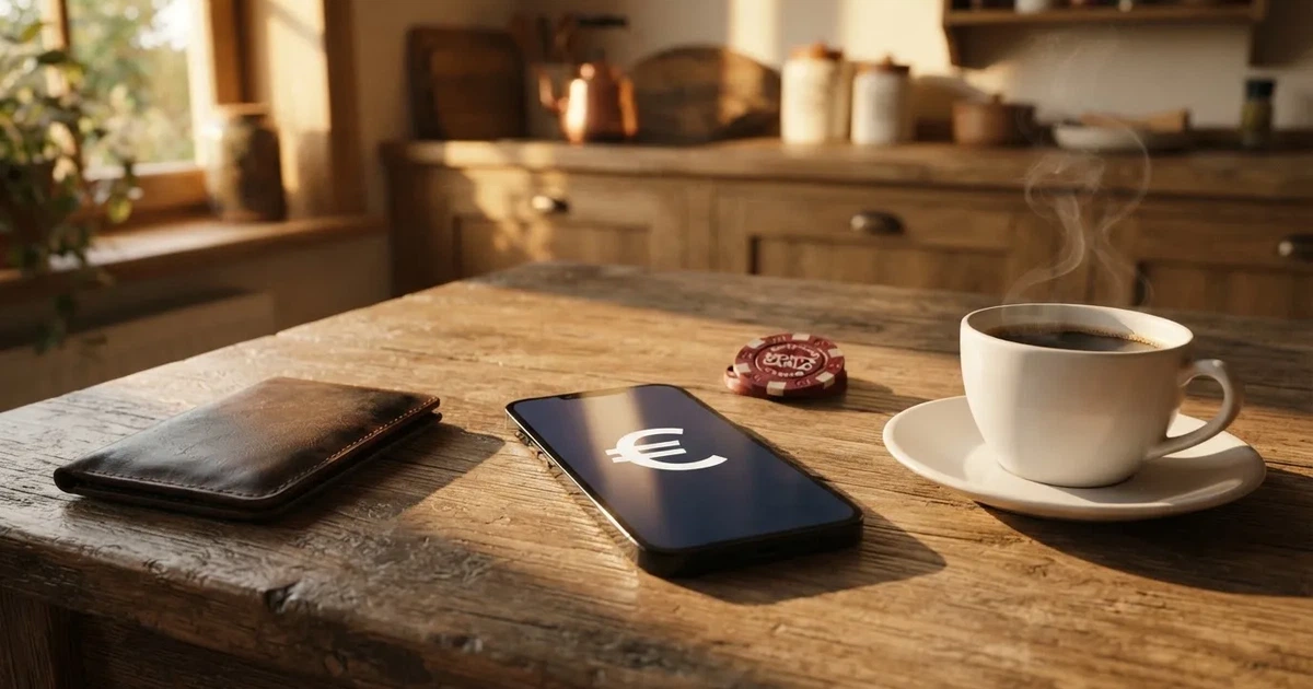 Telemóvel numa mesa de madeira ao lado de uma carteira e de uma chávena de café — casinos com neteller em portugal