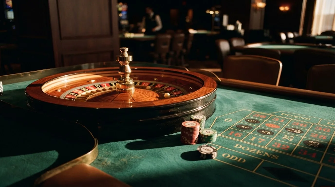 Roda de roleta e fichas sobre feltro verde, sob uma luz quente de fim de tarde — casinos com paypal em portugal
