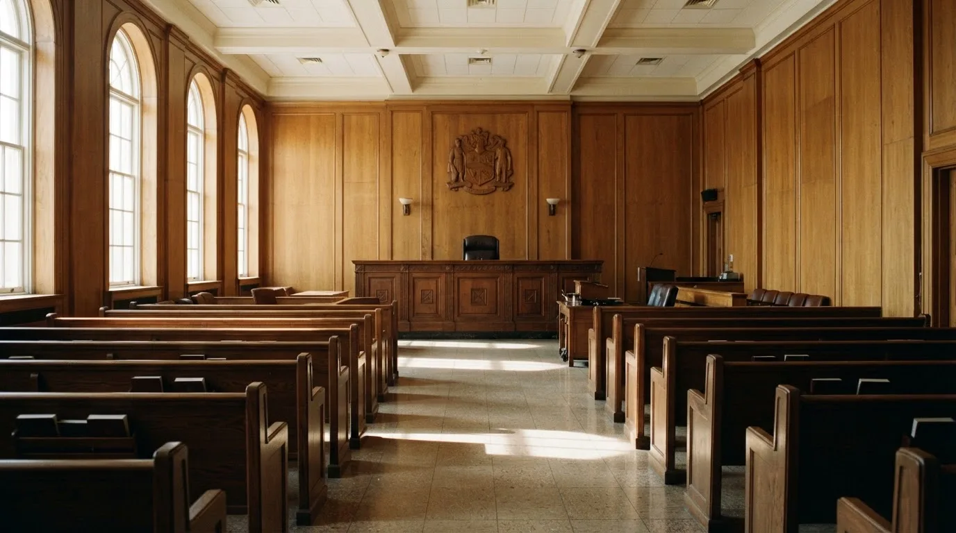 Sala de tribunal vazia com painéis de madeira, à luz da manhã — casinos com paysafecard em portugal