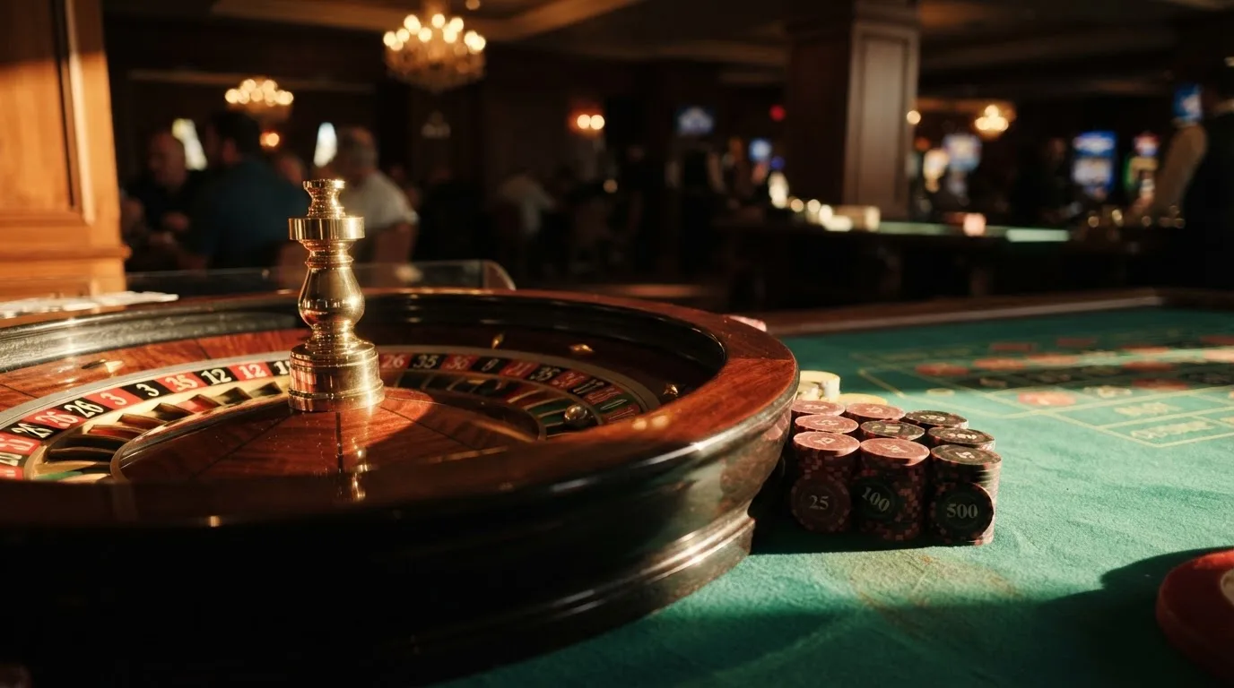 Roda de roleta e fichas sobre feltro verde, sob uma luz quente de fim de tarde — casinos com paysafecard em portugal