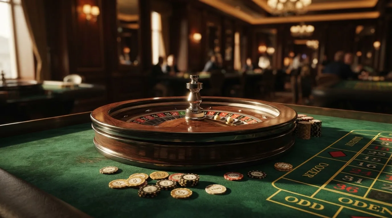 Roda de roleta e fichas sobre feltro verde, sob uma luz quente de fim de tarde — casinos com payu em portugal