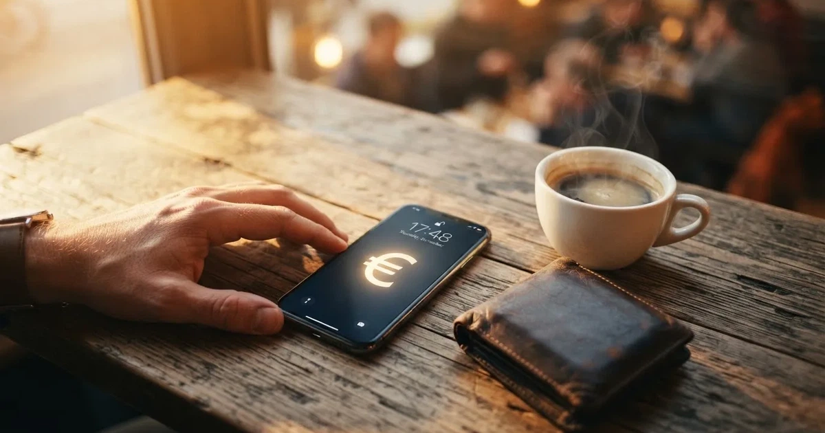 Telemóvel numa mesa de madeira ao lado de uma carteira e de uma chávena de café — casinos com payu em portugal