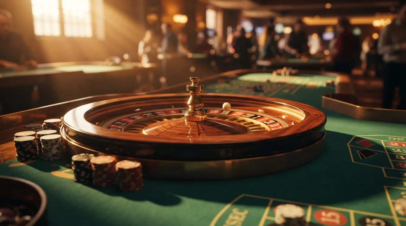 Roda de roleta e fichas sobre feltro verde, sob uma luz quente de fim de tarde — casinos com rodadas em portugal