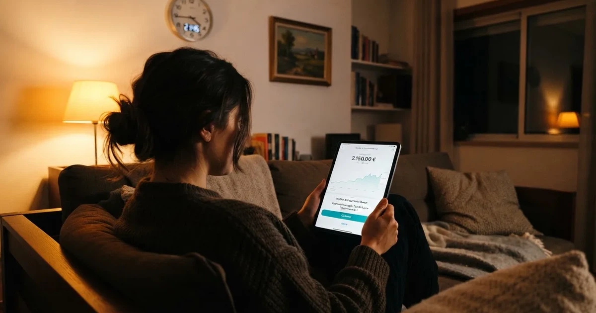 Pessoa num sofá a olhar pensativa para um tablet, com um relógio na parede atrás — casinos com rodadas em portugal