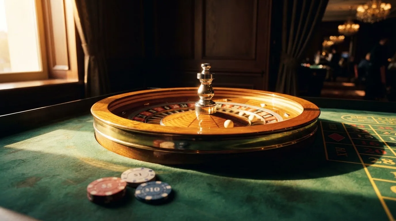 Roda de roleta e fichas sobre feltro verde, sob uma luz quente de fim de tarde — casinos com skrill em portugal