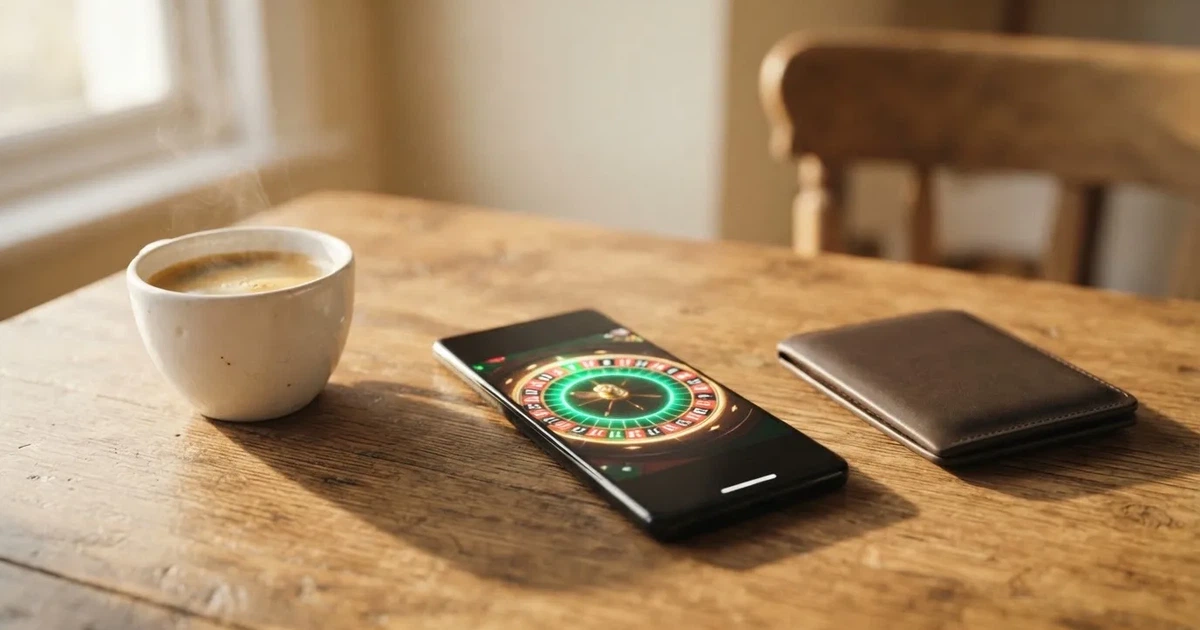 Telemóvel numa mesa de madeira ao lado de uma carteira e de uma chávena de café — casinos com skrill em portugal