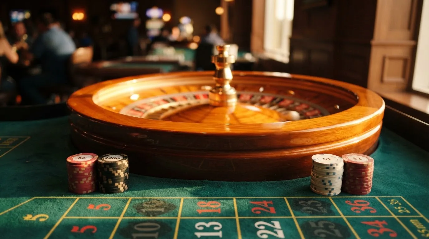 Roda de roleta e fichas sobre feltro verde, sob uma luz quente de fim de tarde — casinos com transferência bancária pt