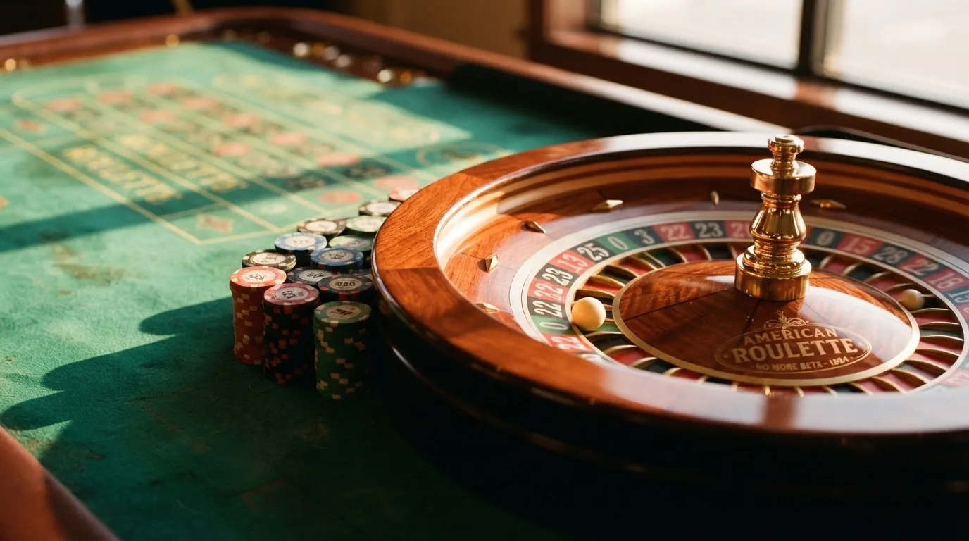 Roda de roleta e fichas sobre feltro verde, sob uma luz quente de fim de tarde — casinos com visa em portugal