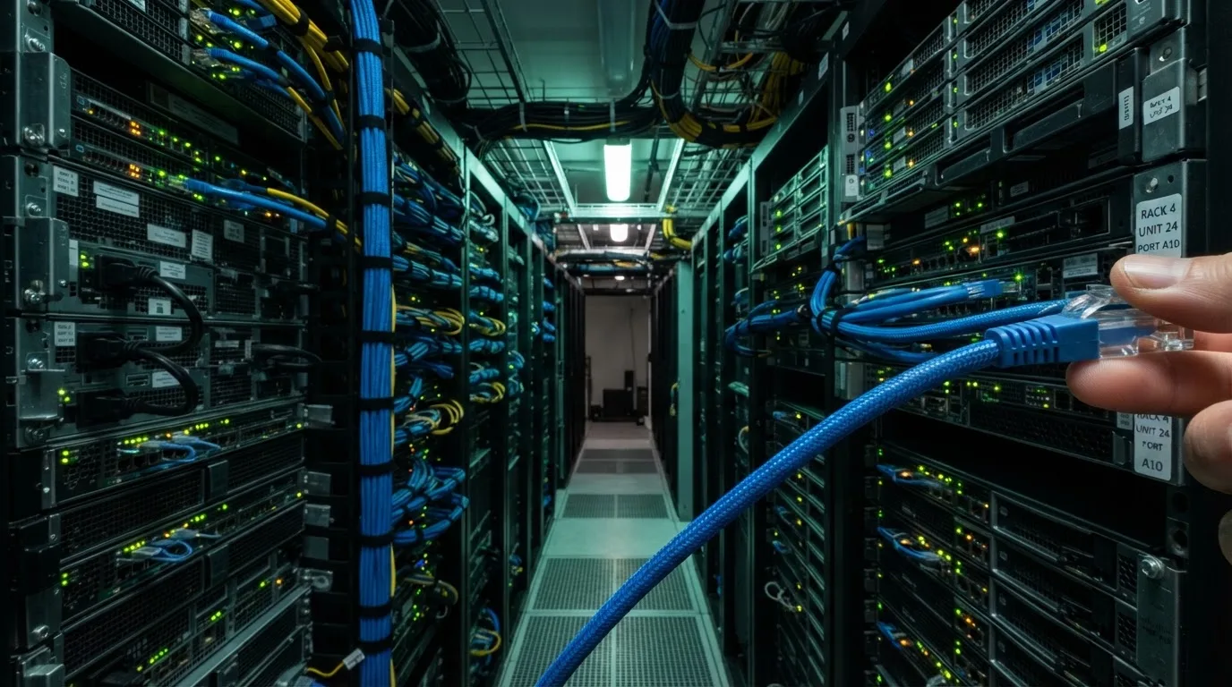 Cabo de rede azul ligado a um servidor numa sala técnica com luzes verdes, corredor estreito de bastidores, fotografia nítida.