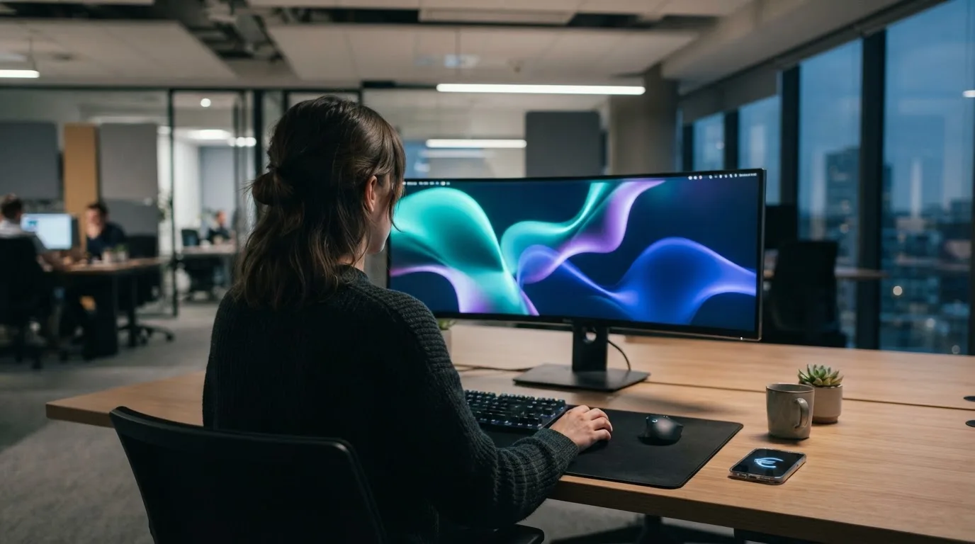 Mulher numa sala de computadores a observar um monitor com formas luminosas abstratas, ambiente de escritório moderno.