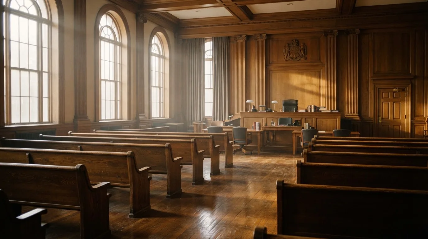 Sala de tribunal vazia com painéis de madeira, à luz da manhã — casinos grátis em portugal