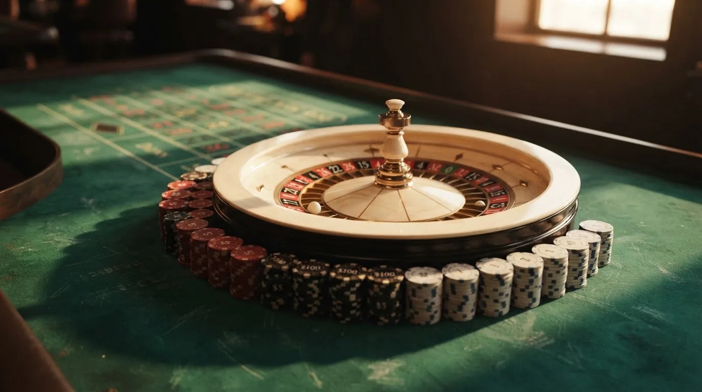 Roda de roleta e fichas sobre feltro verde, sob uma luz quente de fim de tarde — casinos grátis em portugal