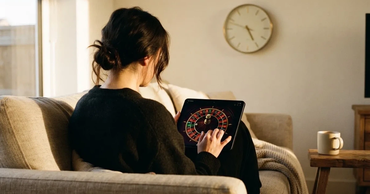Pessoa num sofá a olhar pensativa para um tablet, com um relógio na parede atrás — casinos grátis em portugal