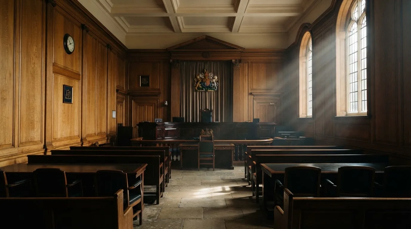 Sala de tribunal vazia com painéis de madeira, à luz da manhã — casinos legais em portugal