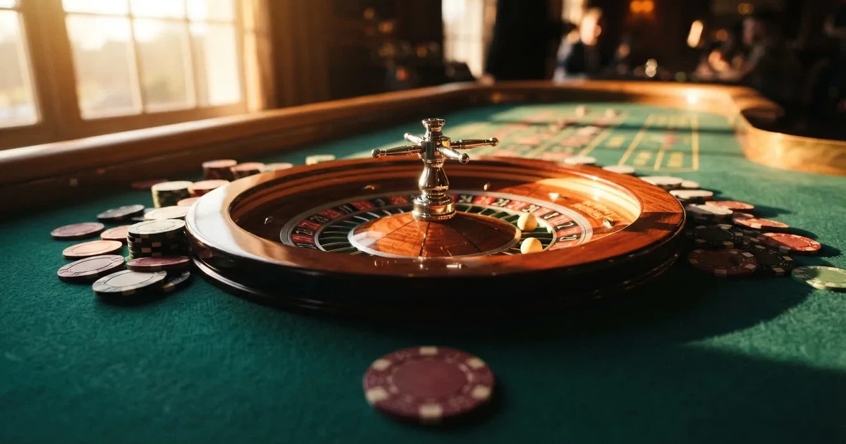 Roda de roleta e fichas sobre feltro verde, sob uma luz quente de fim de tarde — casinos legais em portugal