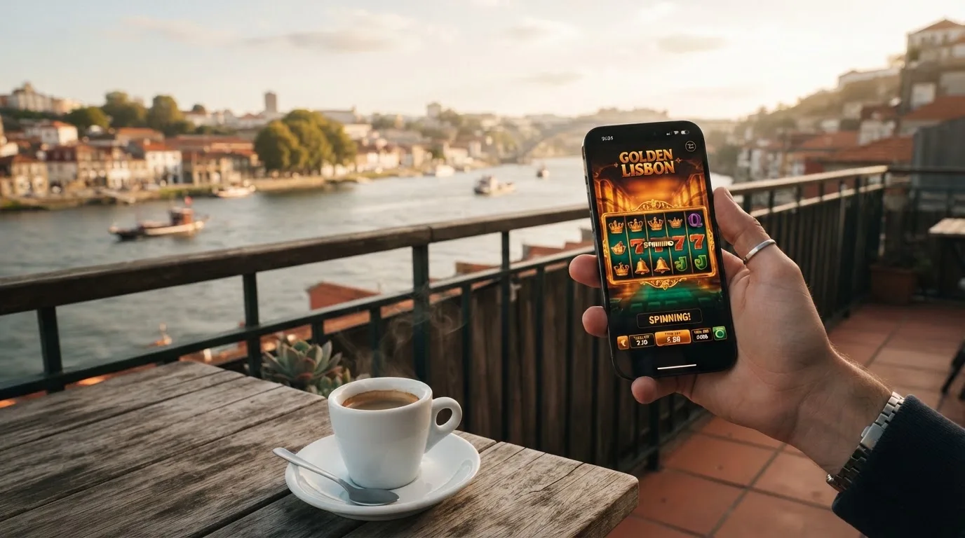Pessoa a jogar no telemóvel numa esplanada, com um café pousado na mesa e o rio ao fundo, sob sol suave.