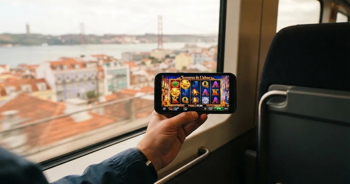Mãos a segurar um telemóvel na horizontal num comboio urbano, com a paisagem a passar desfocada na janela e luz do dia.