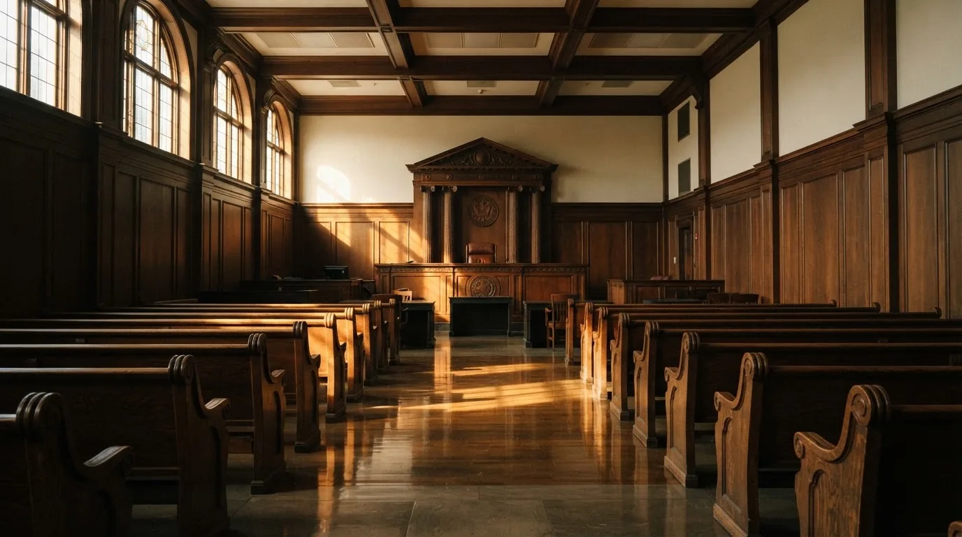 Sala de tribunal vazia com painéis de madeira, à luz da manhã — casinos online com depósito pt