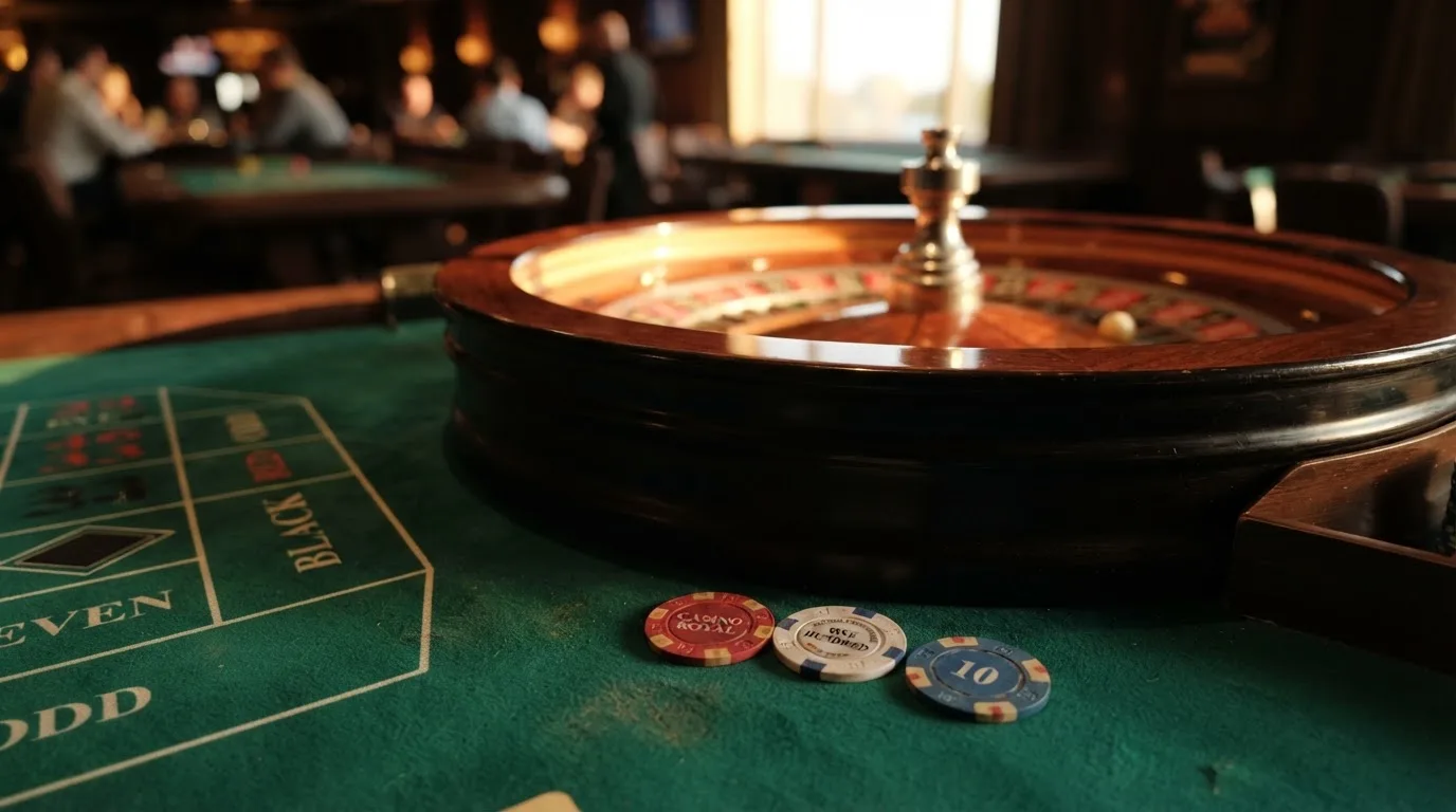 Roda de roleta e fichas sobre feltro verde, sob uma luz quente de fim de tarde — casinos online com depósito pt